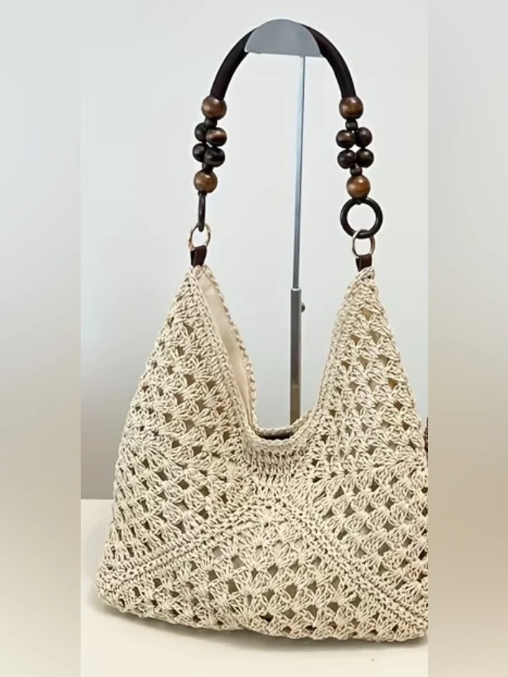 Crochet Hobo Bag with Wooden Bead Handle and Magnetic Closure
